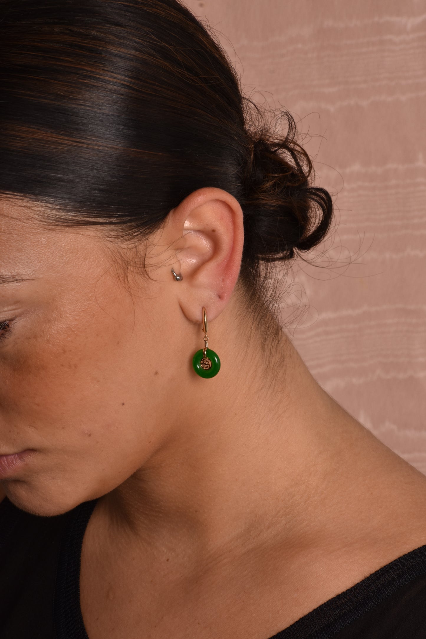 14k Green Jade Good Luck Huggie Hoop Drop Earring