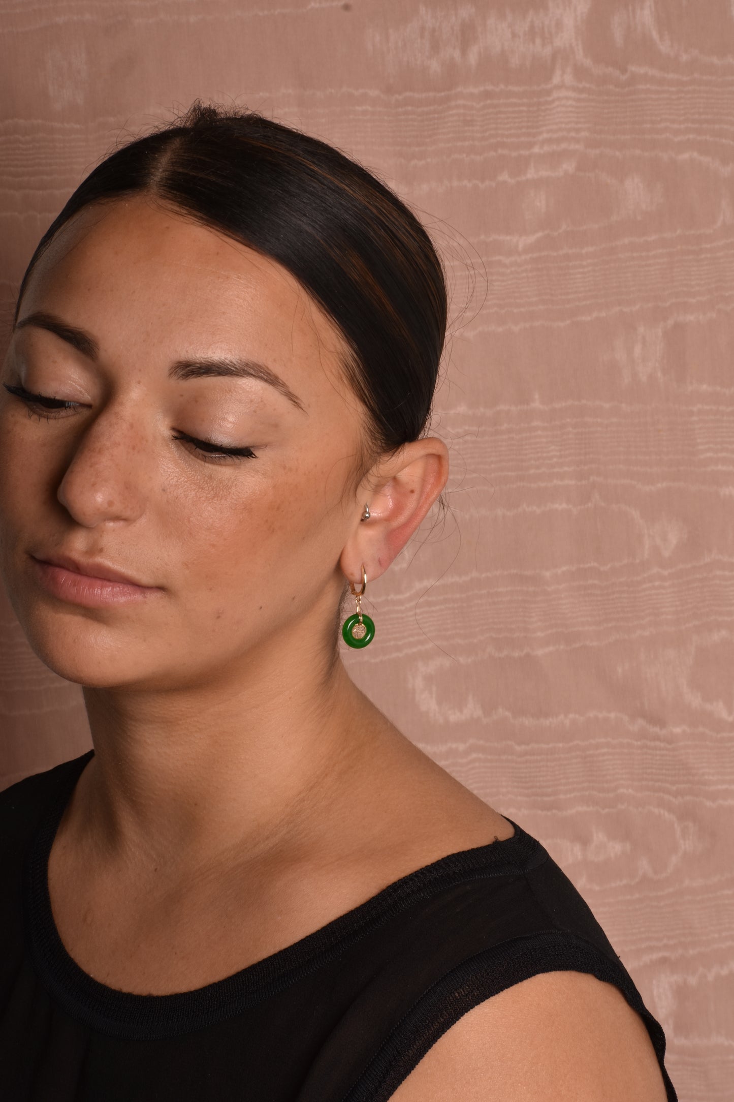 14k Green Jade Good Luck Huggie Hoop Drop Earring