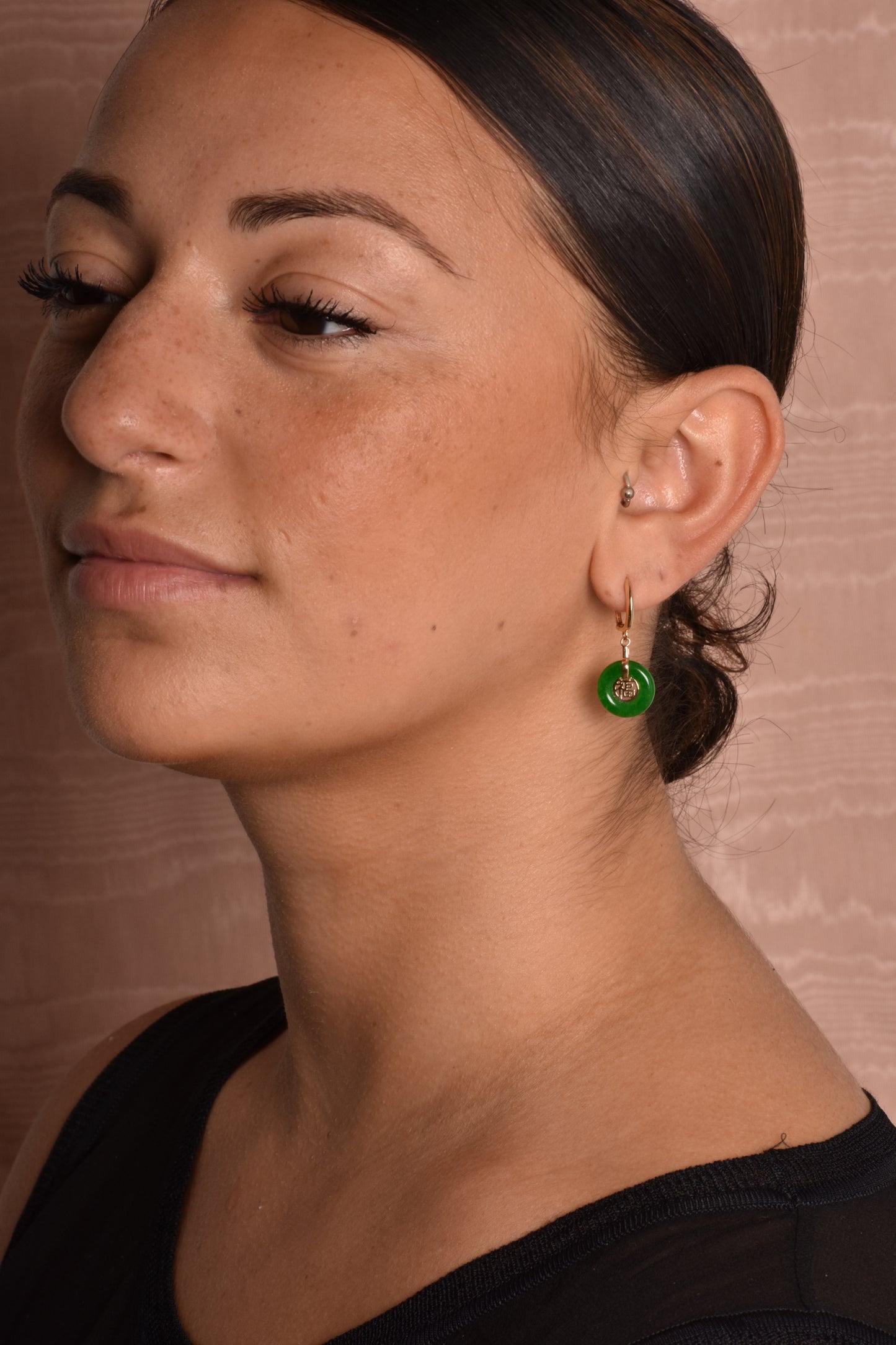 14k Green Jade Good Luck Huggie Hoop Drop Earring