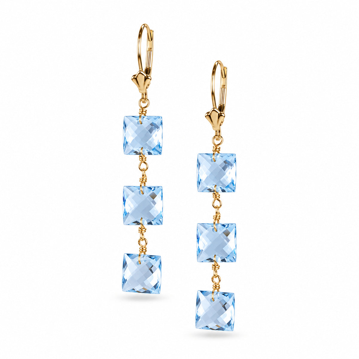 14k Blue Topaz Triple Square Dangle Leverback Earring