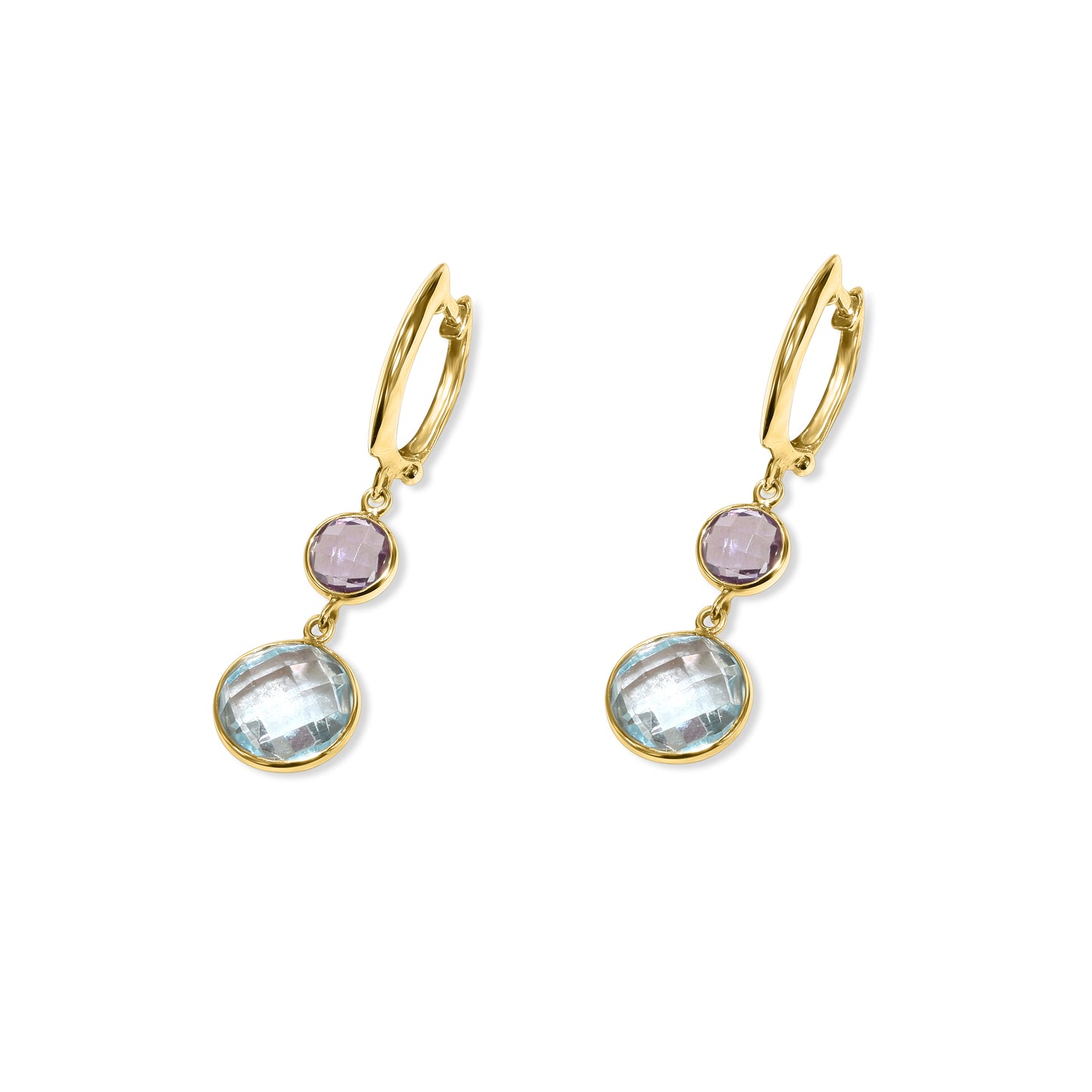 14k Amethyst Blue Topaz Round Bezel Hoop Earring