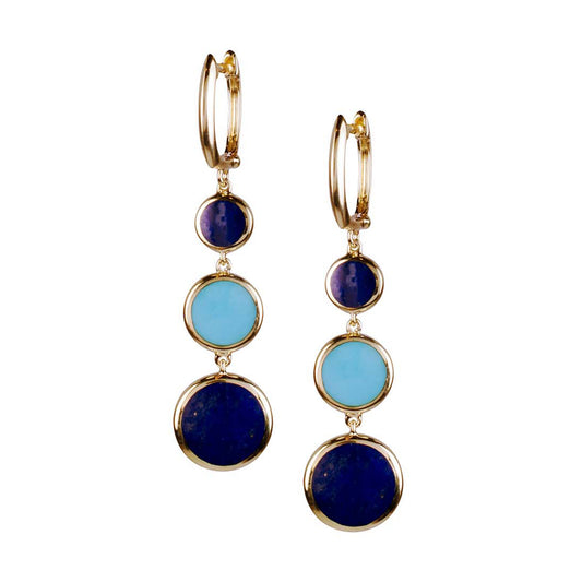 14k Lapis Turquoise Round Triple Bezel Huggie Hoop Earring