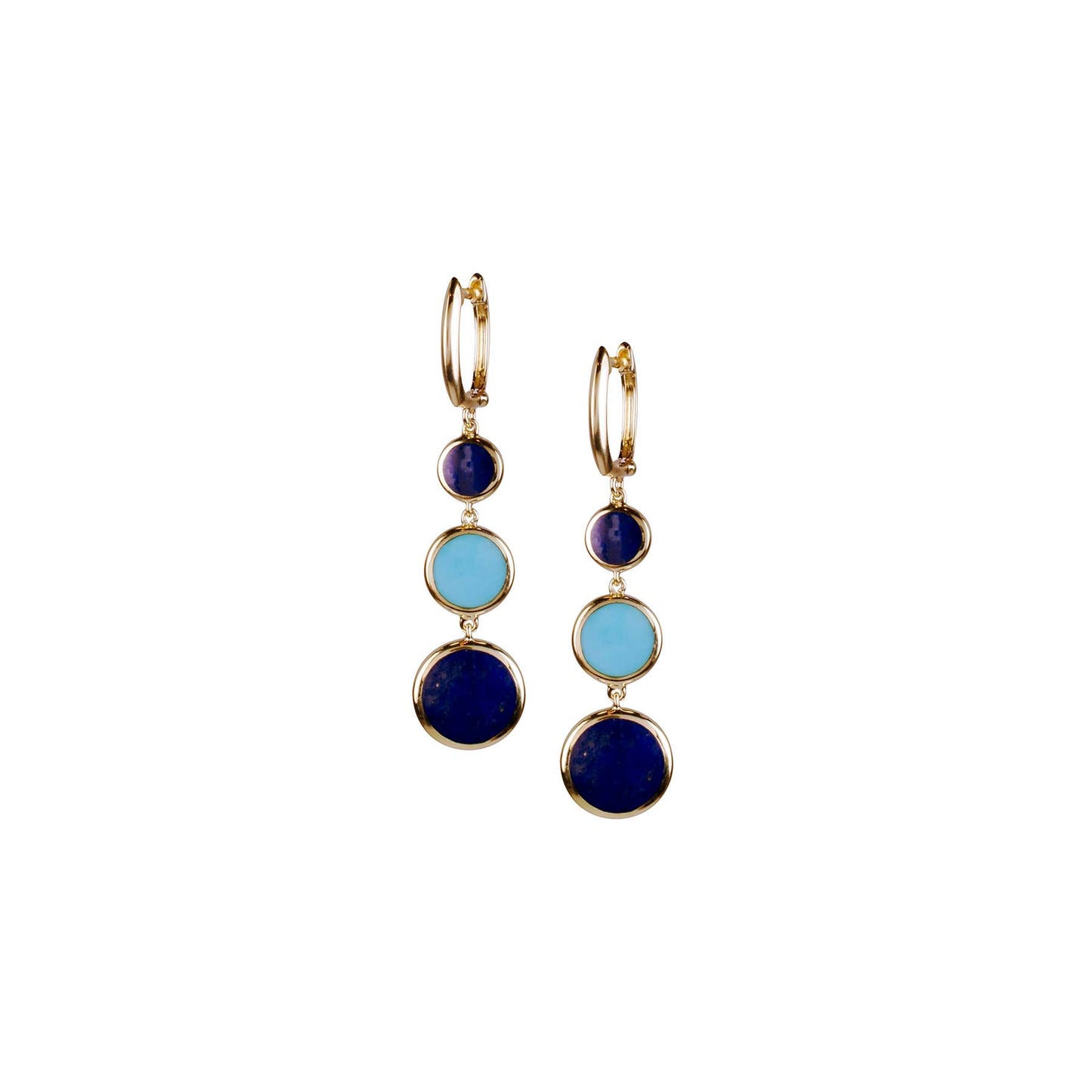 14k Lapis Turquoise Round Triple Bezel Huggie Hoop Earring