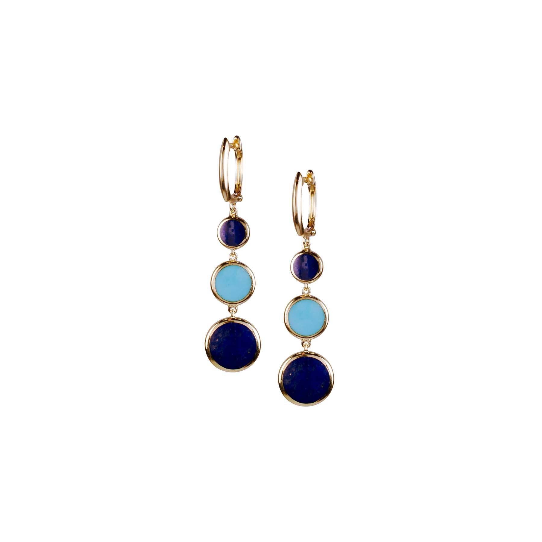 14k Lapis Turquoise Round Triple Bezel Huggie Hoop Earring