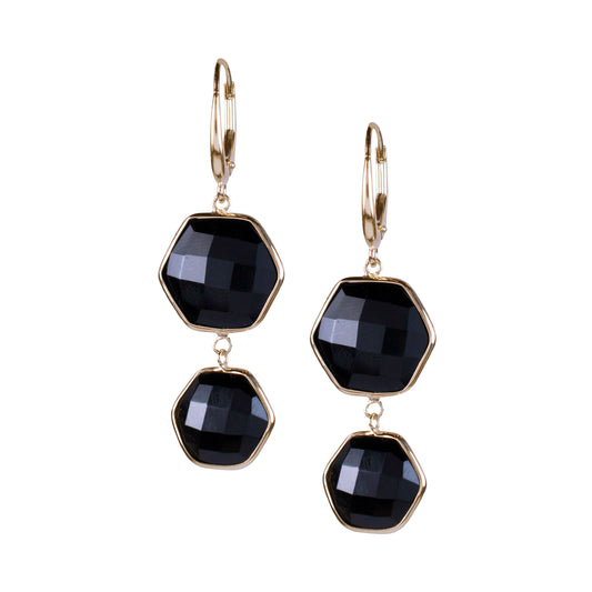 14k Black Onyx Double Hexagon Bezel Leverback Earring