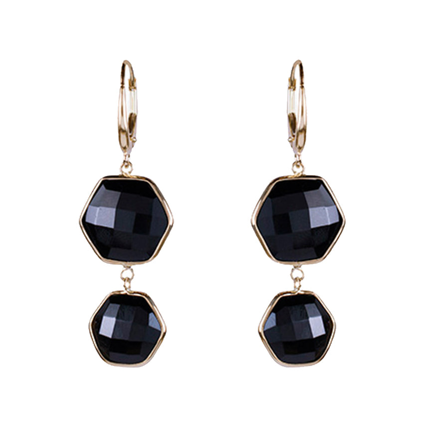 14k Black Onyx Double Hexagon Bezel Leverback Earring