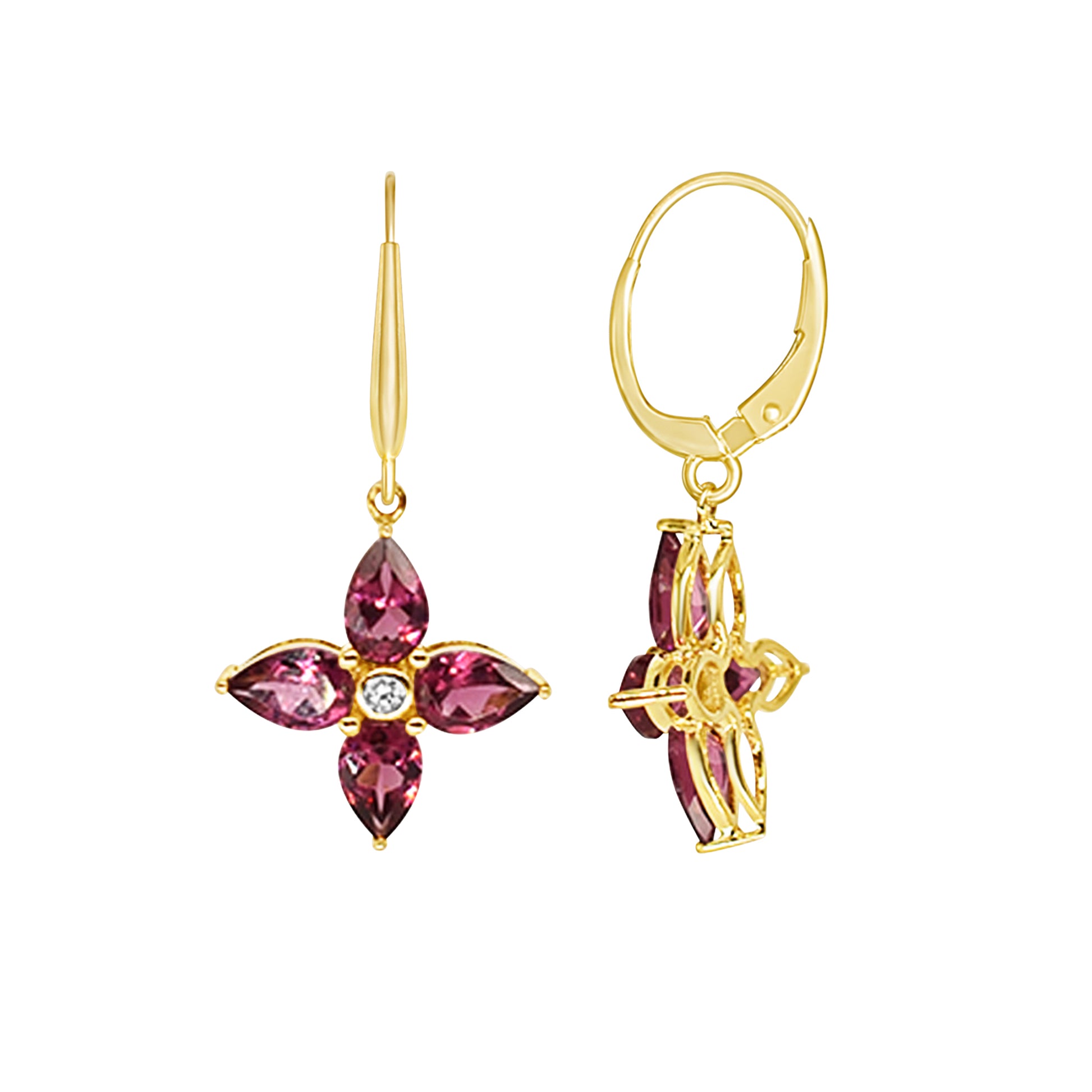 14k Rhodolite Garnet Diamond Flower Leverback Earring