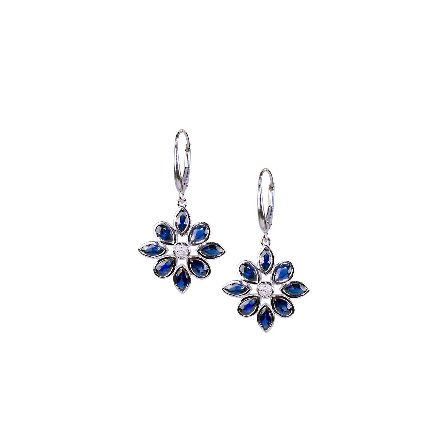 14k White Gold Blue Sapphire Diamond Flower Leverback Earring