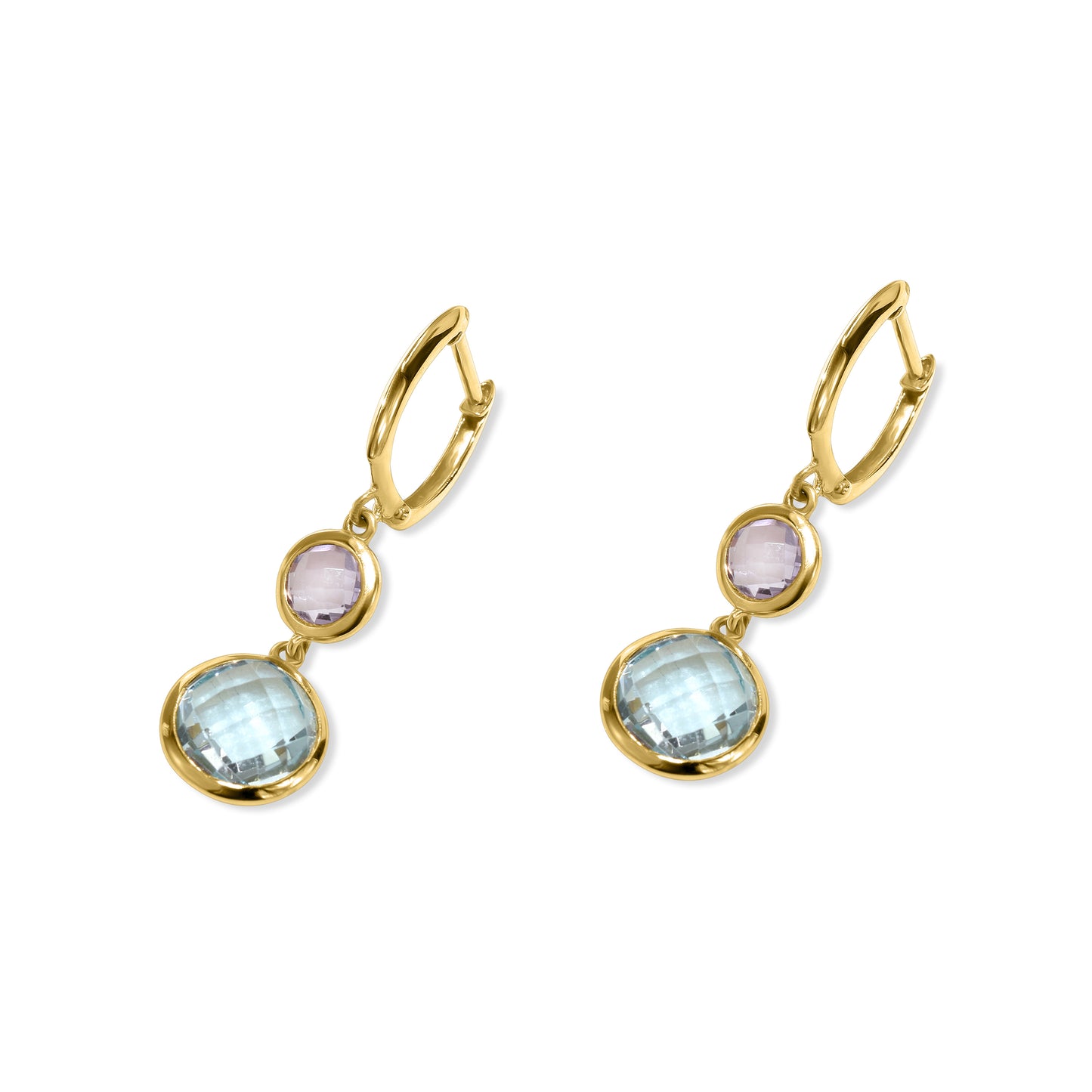 18k Amethyst Blue Topaz Round Bezel Hoop Earrings
