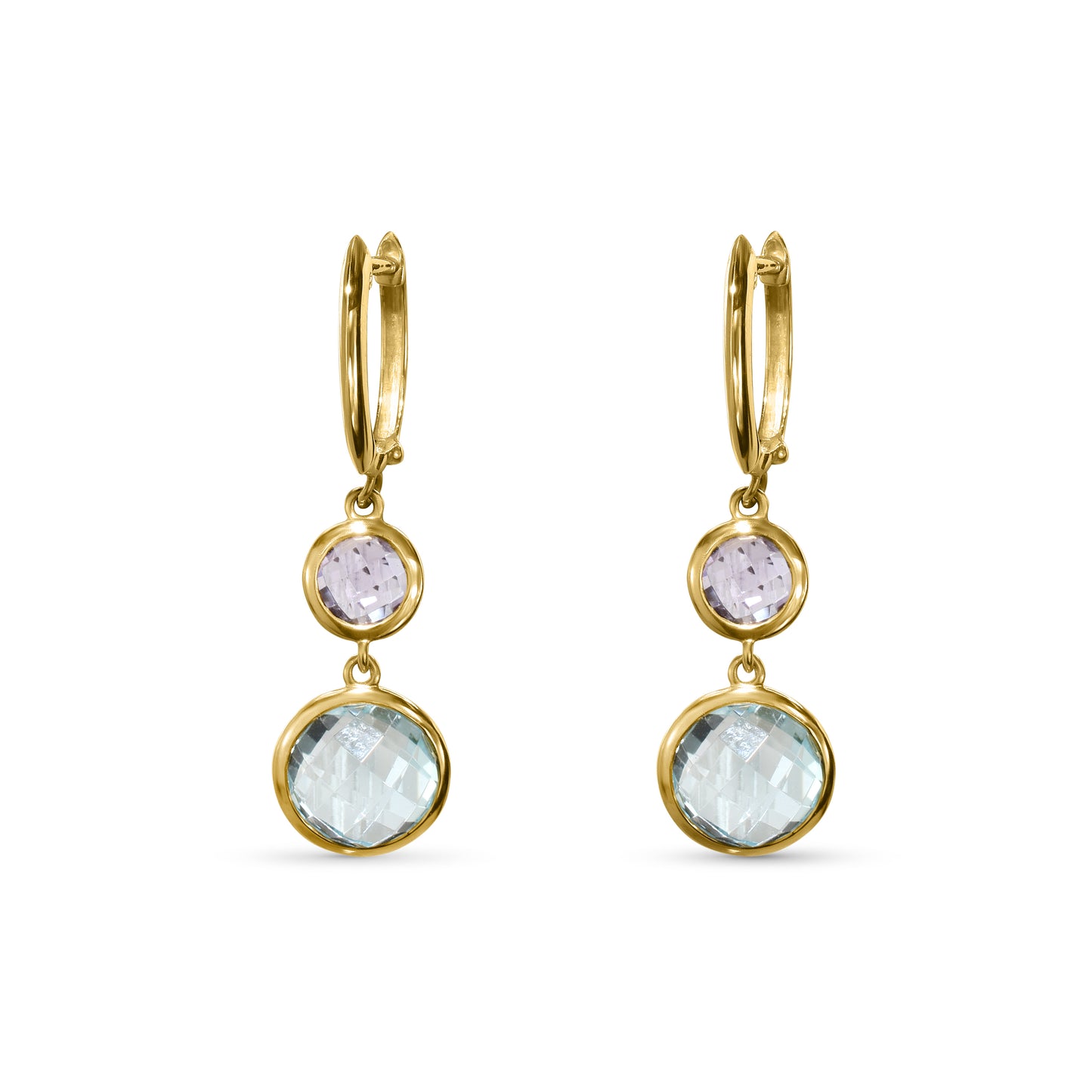 18k Amethyst Blue Topaz Round Bezel Hoop Earrings