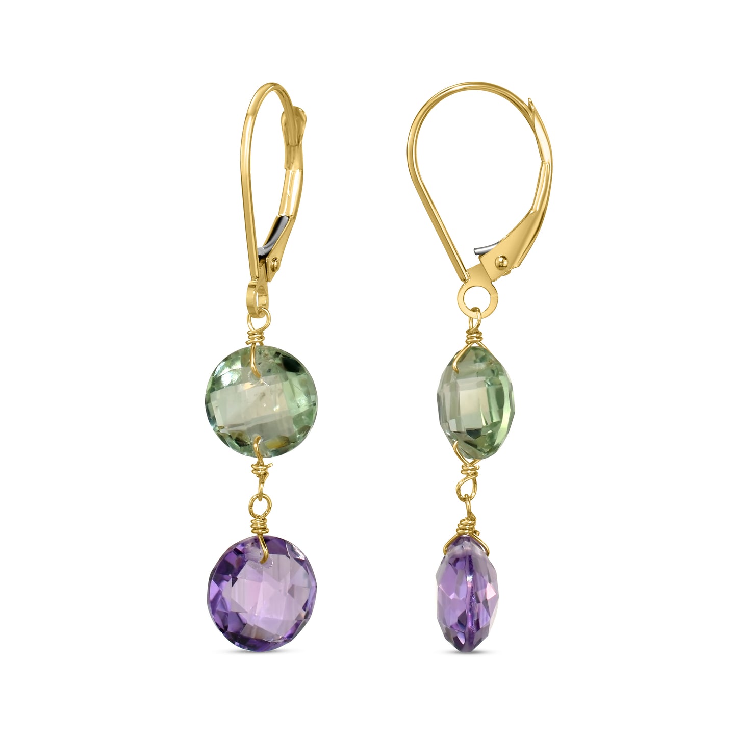 14k Two Gemstone Coin Leverback Earring Green & Purple Amethyst