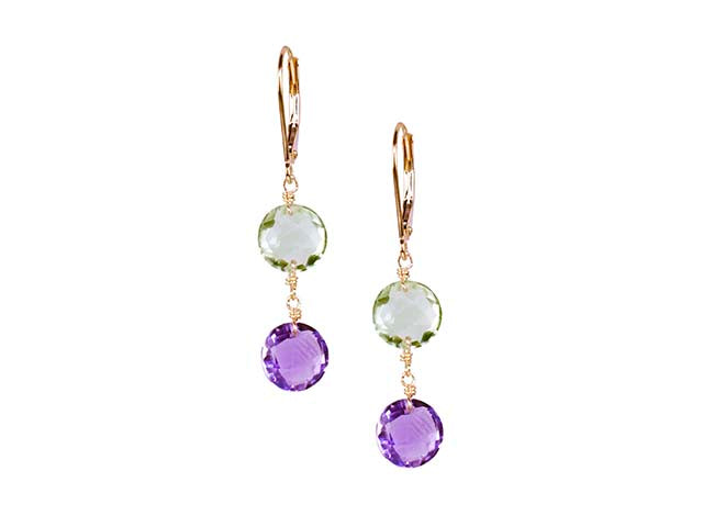 14k Two Gemstone Coin Leverback Earring Green & Purple Amethyst