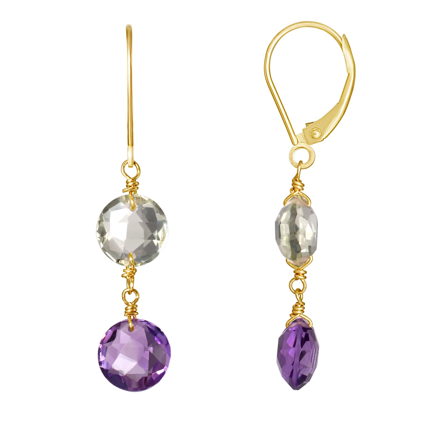 14k Two Gemstone Coin Leverback Earring Green & Purple Amethyst
