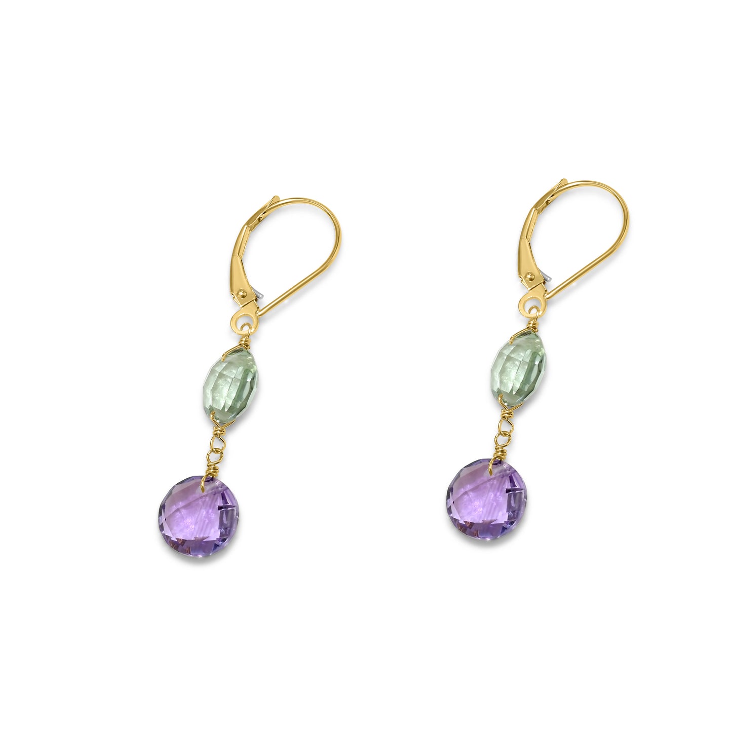 14k Two Gemstone Coin Leverback Earring Green & Purple Amethyst