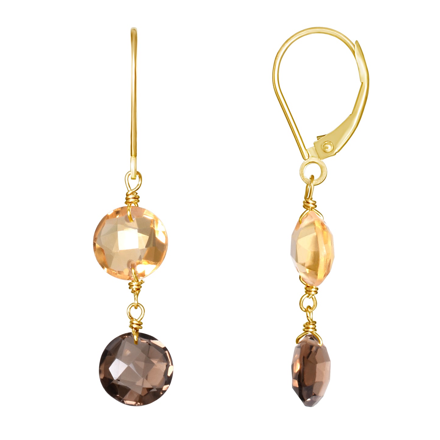 14k Two Gemstone Coin Leverback Earring Citrine & Smoky Quartz