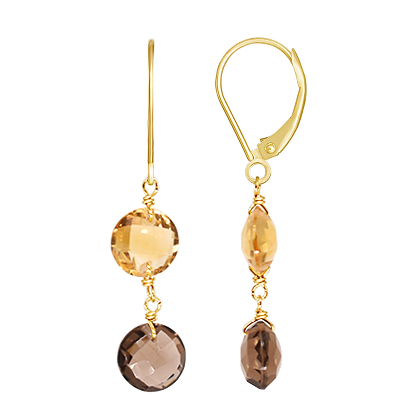 14k Two Gemstone Coin Leverback Earring Citrine & Smoky Quartz
