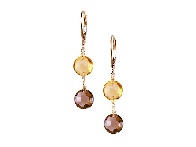 14k Two Gemstone Coin Leverback Earring Citrine & Smoky Quartz