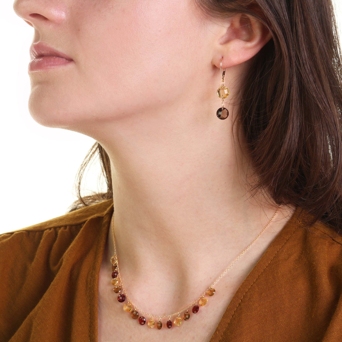 14k Two Gemstone Coin Leverback Earring Citrine & Smoky Quartz