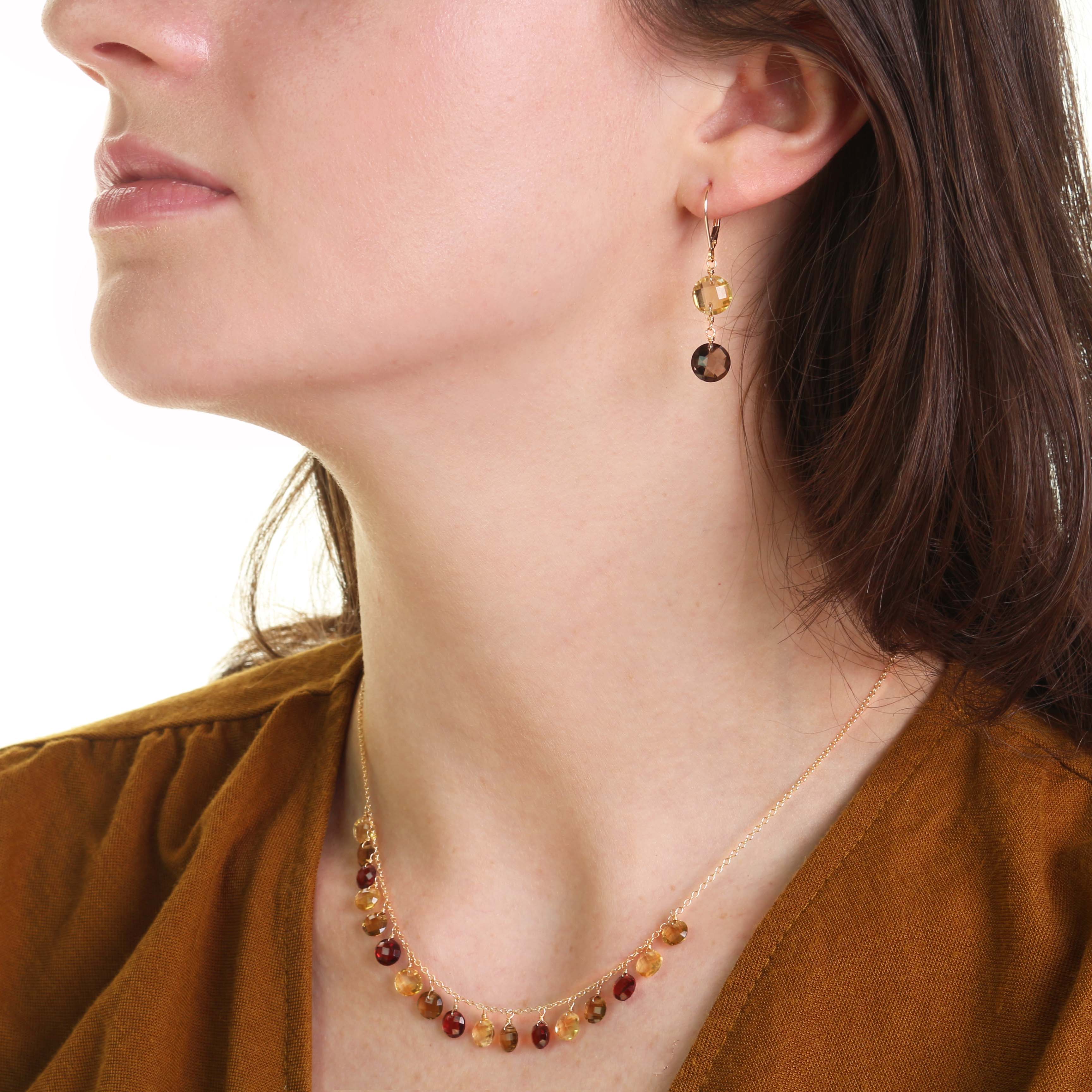14k Two Gemstone Coin Leverback Earring Citrine & Smoky Quartz