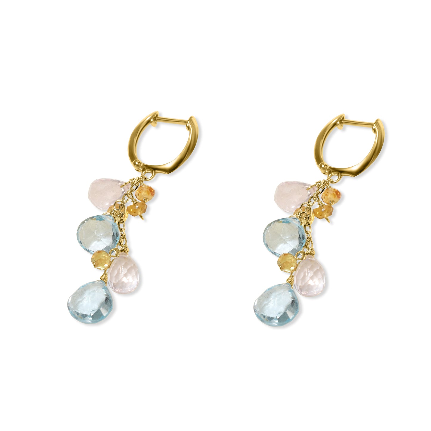 14k Multi Gemstone Blue Topaz, Rose Quartz, Citrine, Briolette Earring