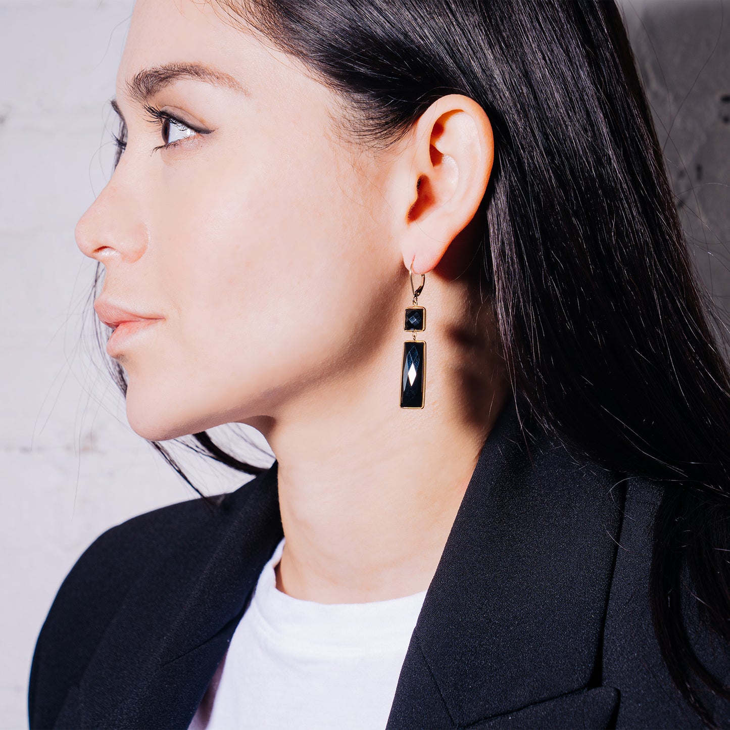 14k Black Onyx Square and Rectangle Bezel Dangle Earrings Leverback