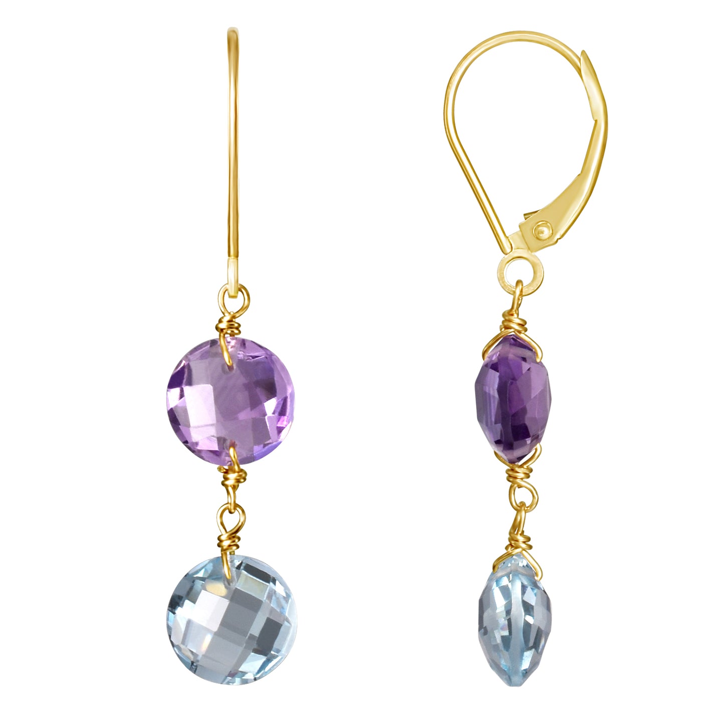 14k Two Gemstone Coin Leverback Earring Amethyst & Sky Blue Topaz