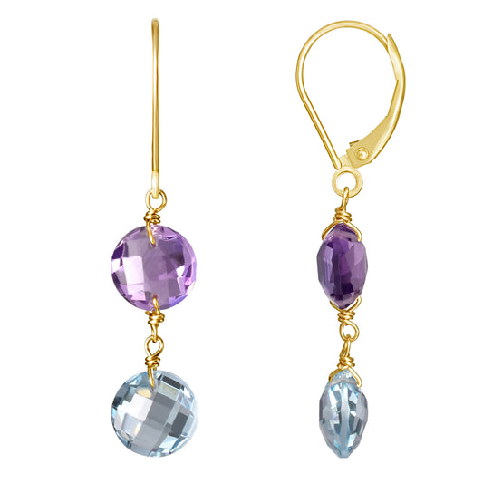 14k Two Gemstone Coin Leverback Earring Amethyst & Sky Blue Topaz