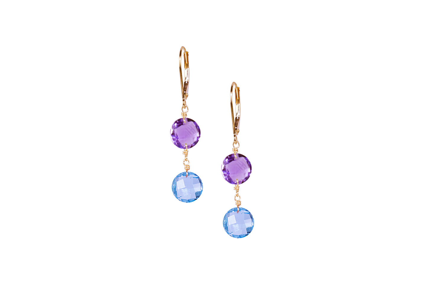 14k Two Gemstone Coin Leverback Earring Amethyst & Sky Blue Topaz
