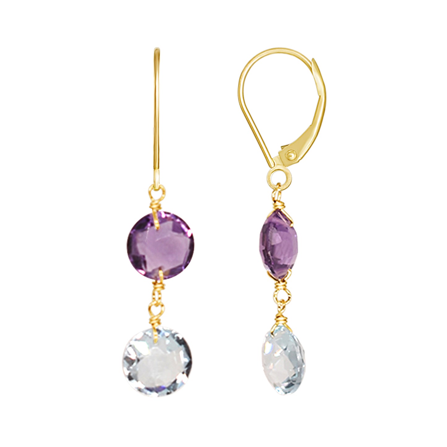 14k Two Gemstone Coin Leverback Earring Amethyst & Sky Blue Topaz