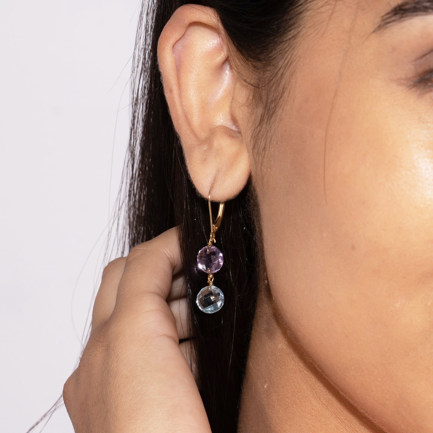 14k Two Gemstone Coin Leverback Earring Amethyst & Sky Blue Topaz