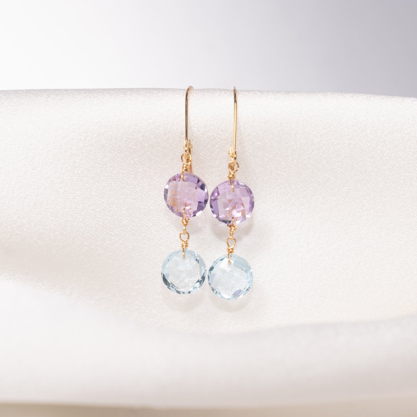 14k Two Gemstone Coin Leverback Earring Amethyst & Sky Blue Topaz