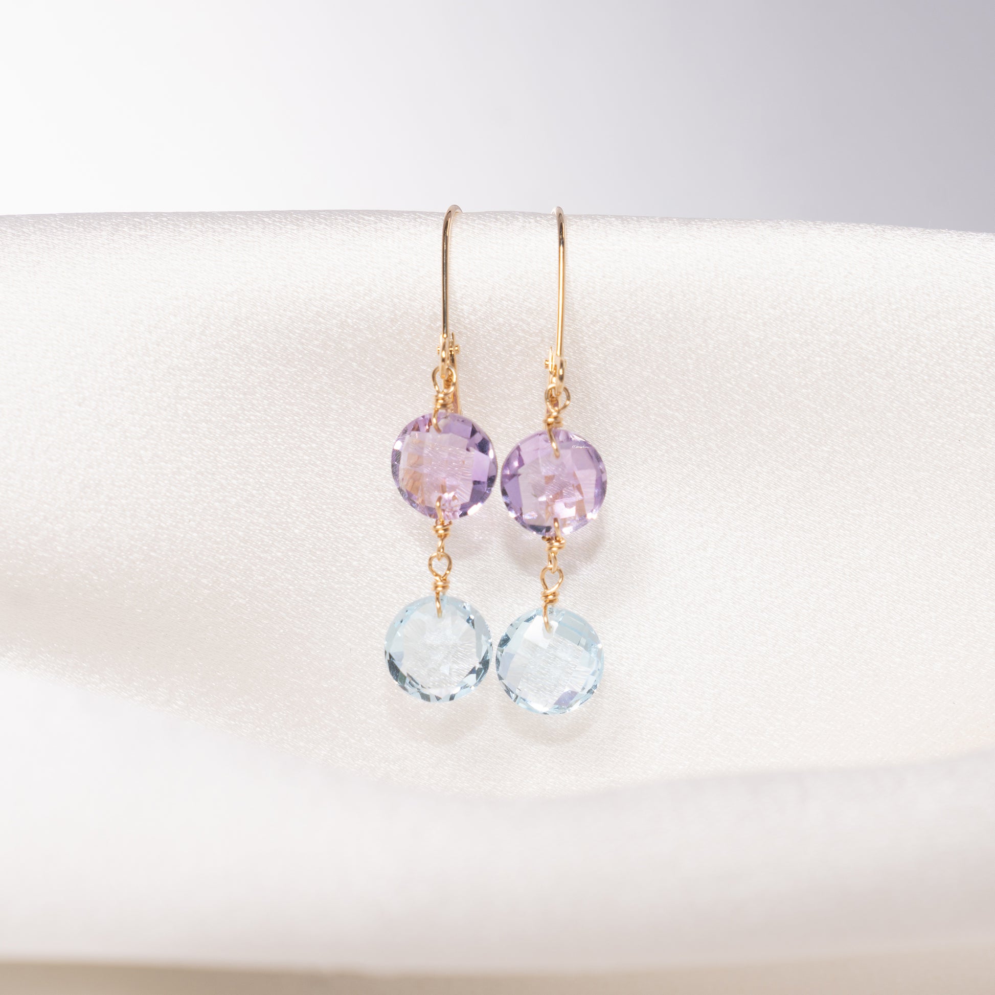 14k Two Gemstone Coin Leverback Earring Amethyst & Sky Blue Topaz