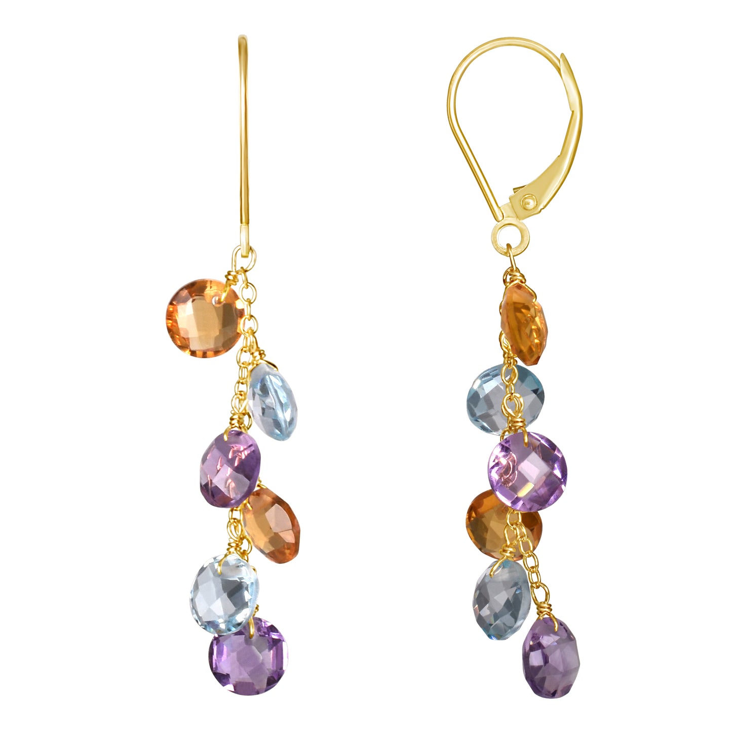14k Citrine, Blue Topaz, Amethyst Coin Leverback Drop Earring