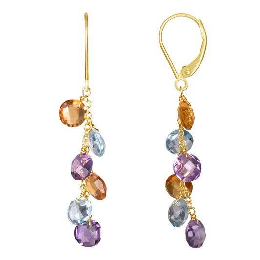 14k Citrine, Blue Topaz, Amethyst Coin Leverback Drop Earring