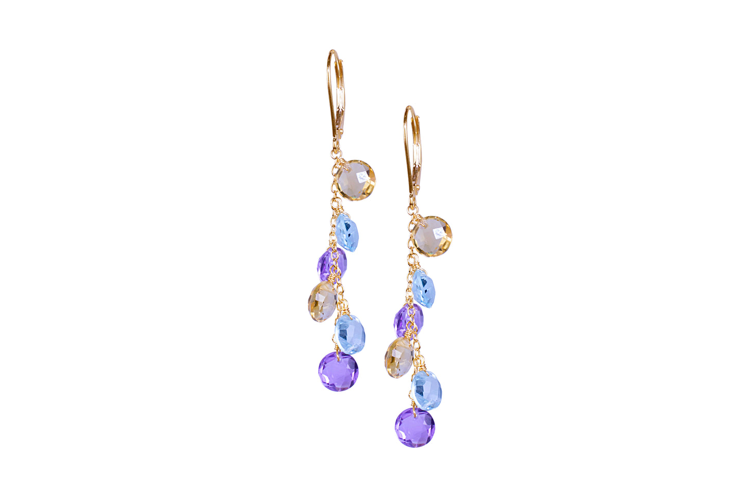14k Citrine, Blue Topaz, Amethyst Coin Leverback Drop Earring