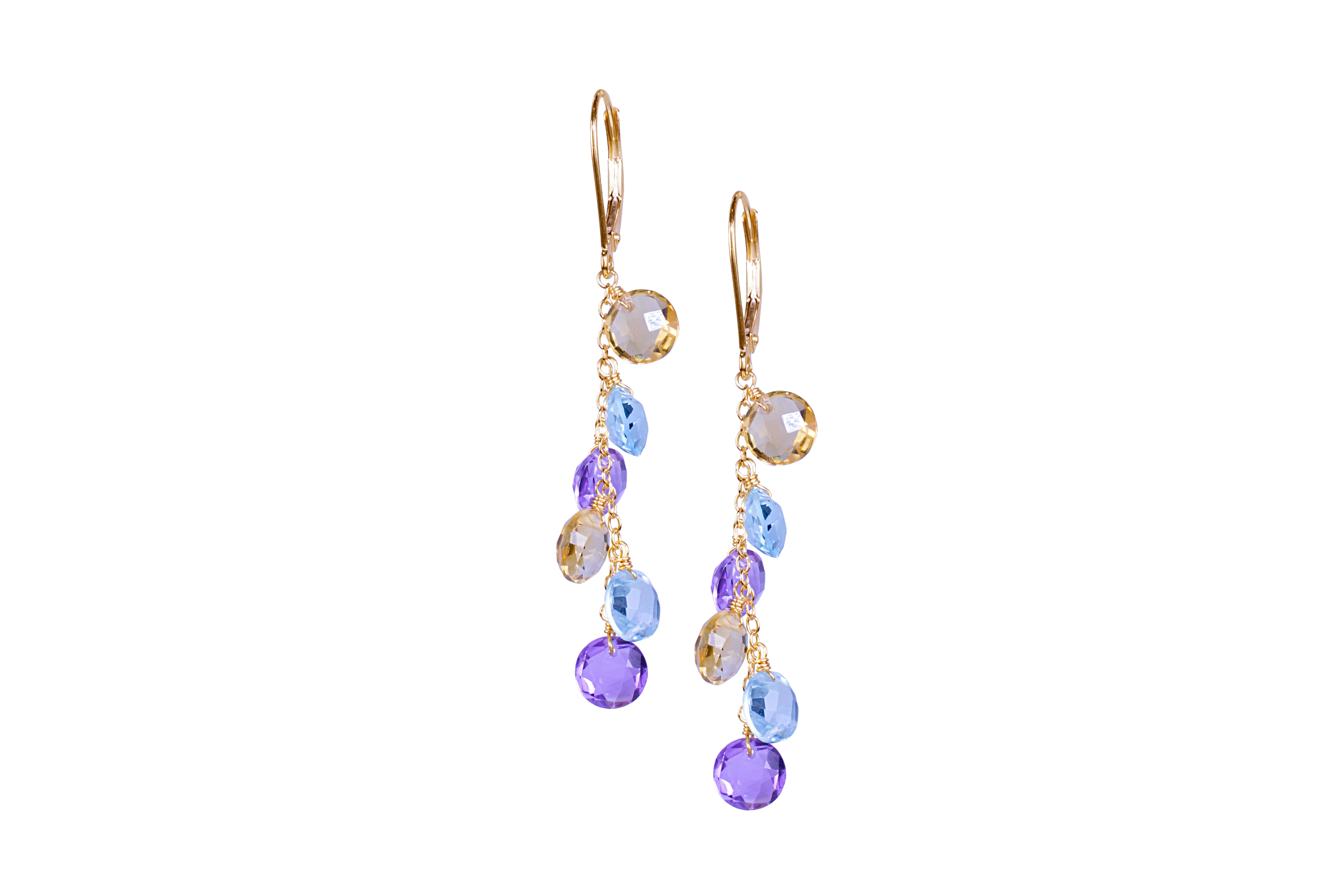 14k Citrine, Blue Topaz, Amethyst Coin Leverback Drop Earring