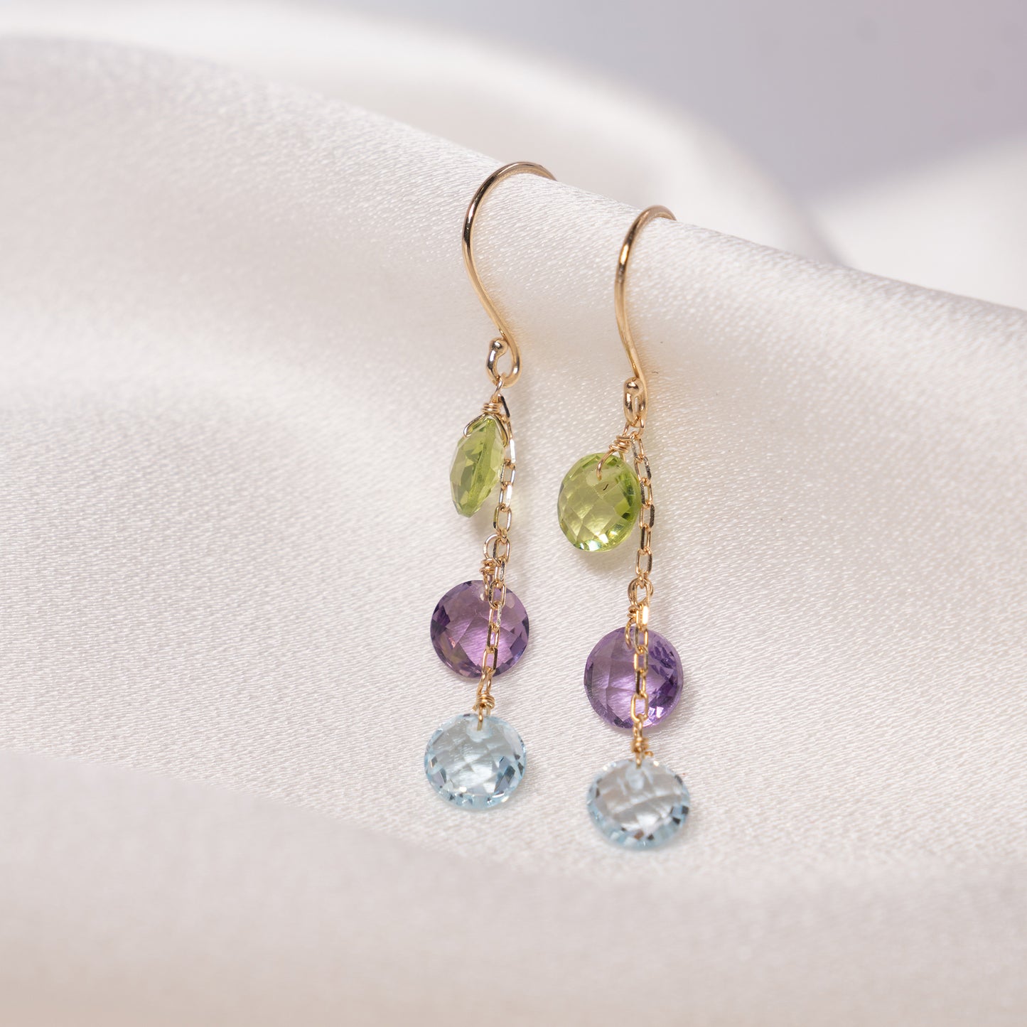 14k Peridot, Amethyst, Blue Topaz Triple Coin Hook Earrings