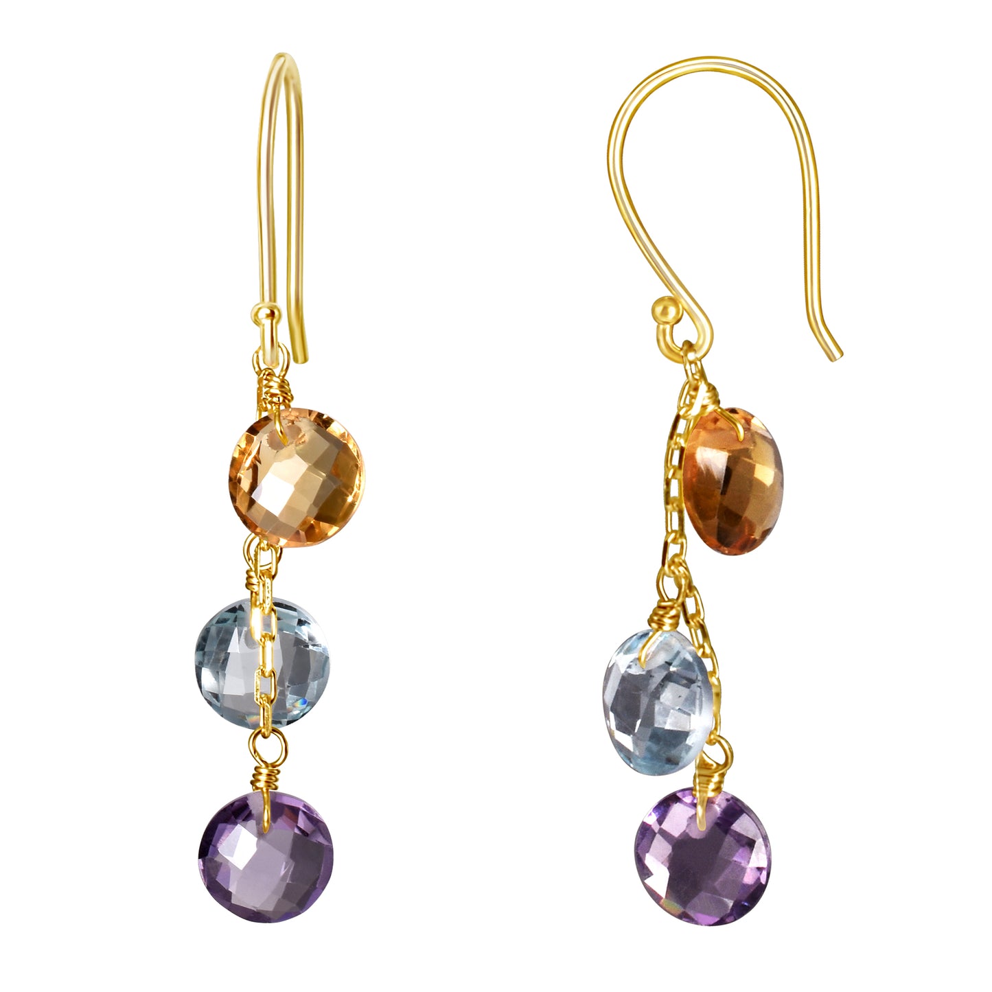 14k Citrine, Blue Topaz, and Amethyst Triple Coin Hook Earring