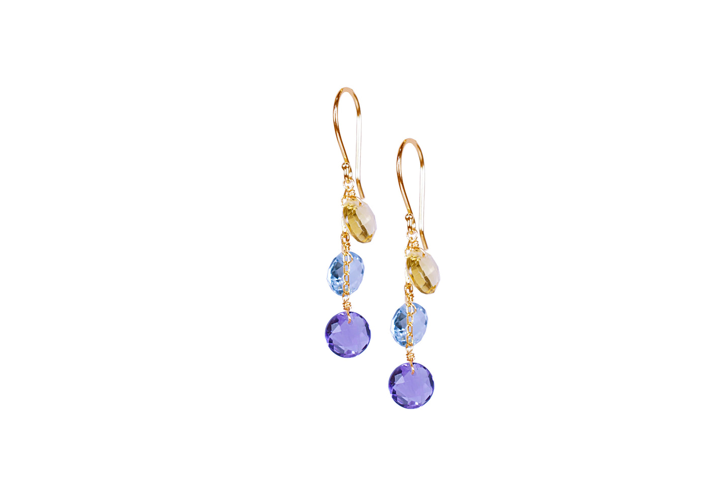 14k Citrine, Blue Topaz, and Amethyst Triple Coin Hook Earring