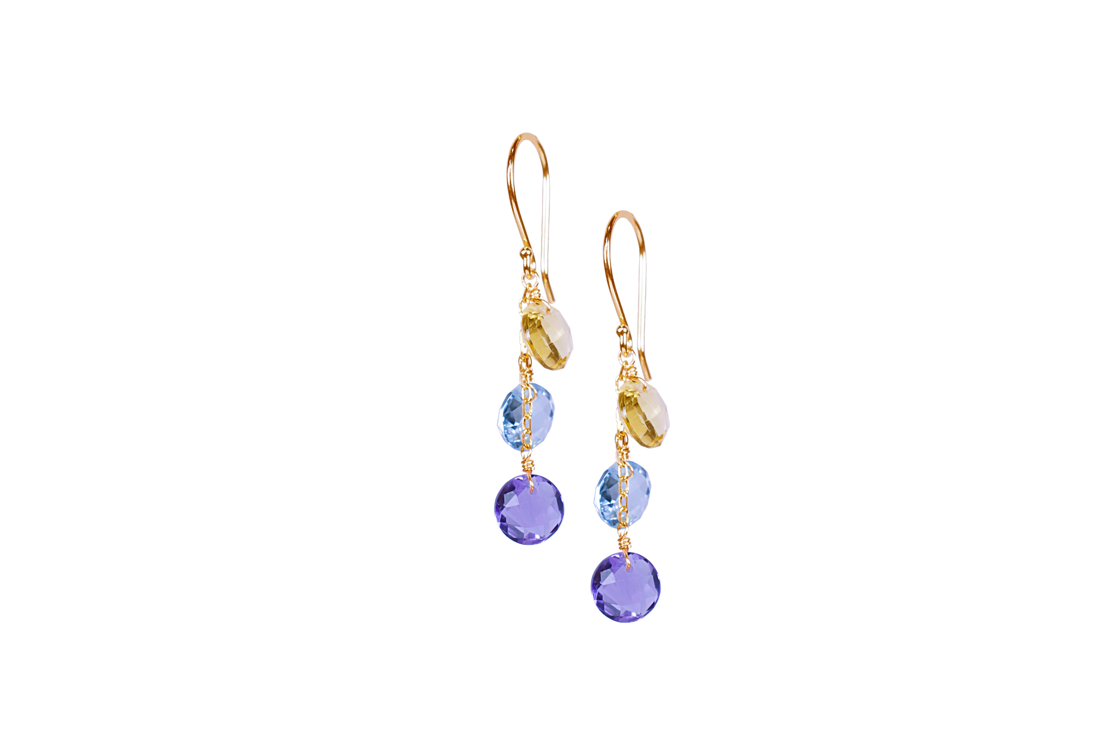 14k Citrine, Blue Topaz, and Amethyst Triple Coin Hook Earring