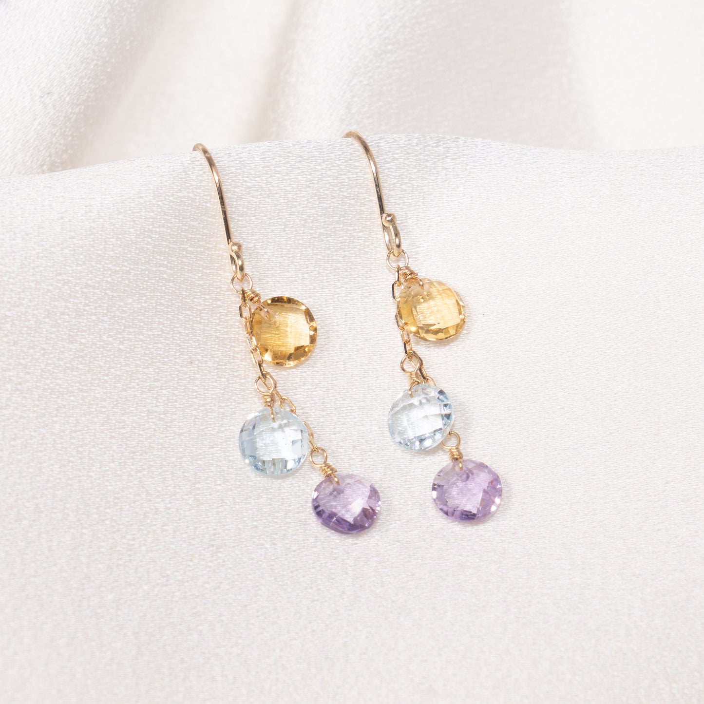 14k Citrine, Blue Topaz, and Amethyst Triple Coin Hook Earring
