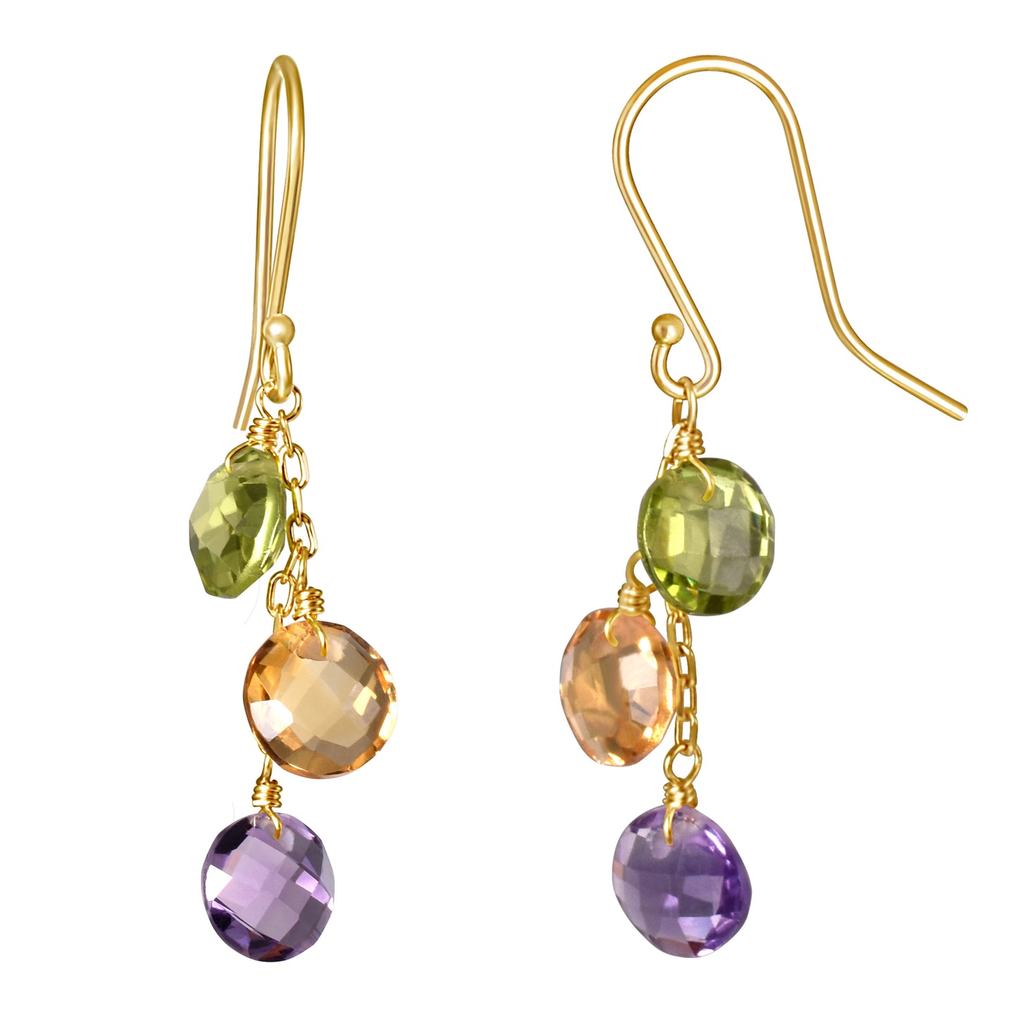 14k Peridot, Citrine, and Amethyst Triple Coin Hook Earring