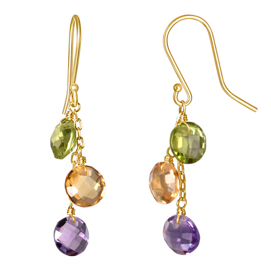 14k Peridot, Citrine, and Amethyst Triple Coin Hook Earring