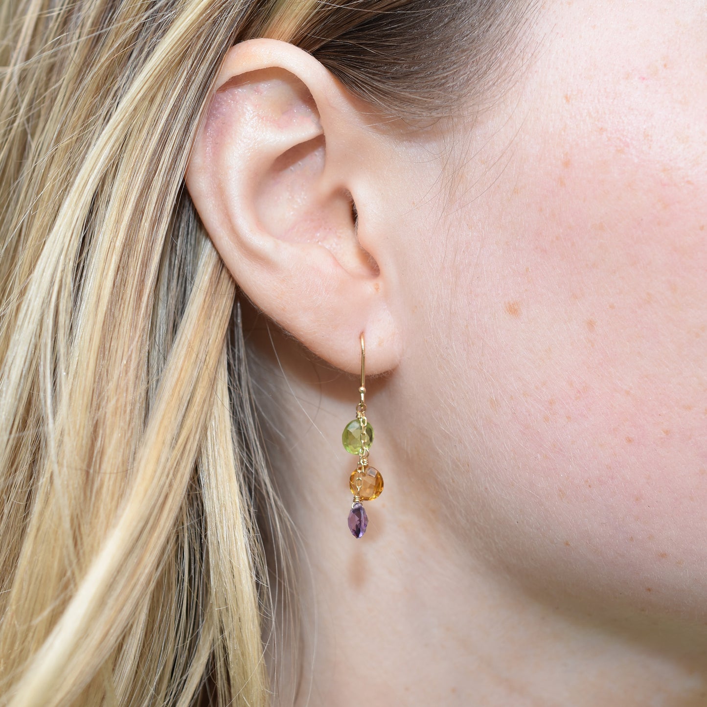 14k Peridot, Citrine, and Amethyst Triple Coin Hook Earring