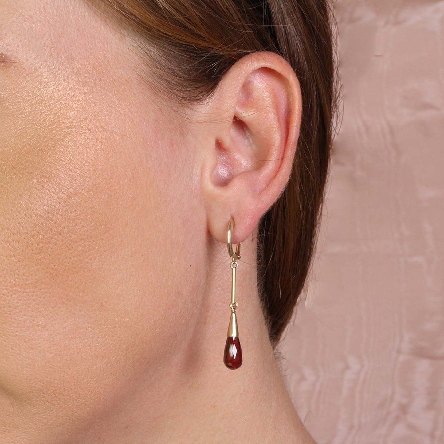 14k Garnet Gold Bar Huggie Hoop Dangle Earring