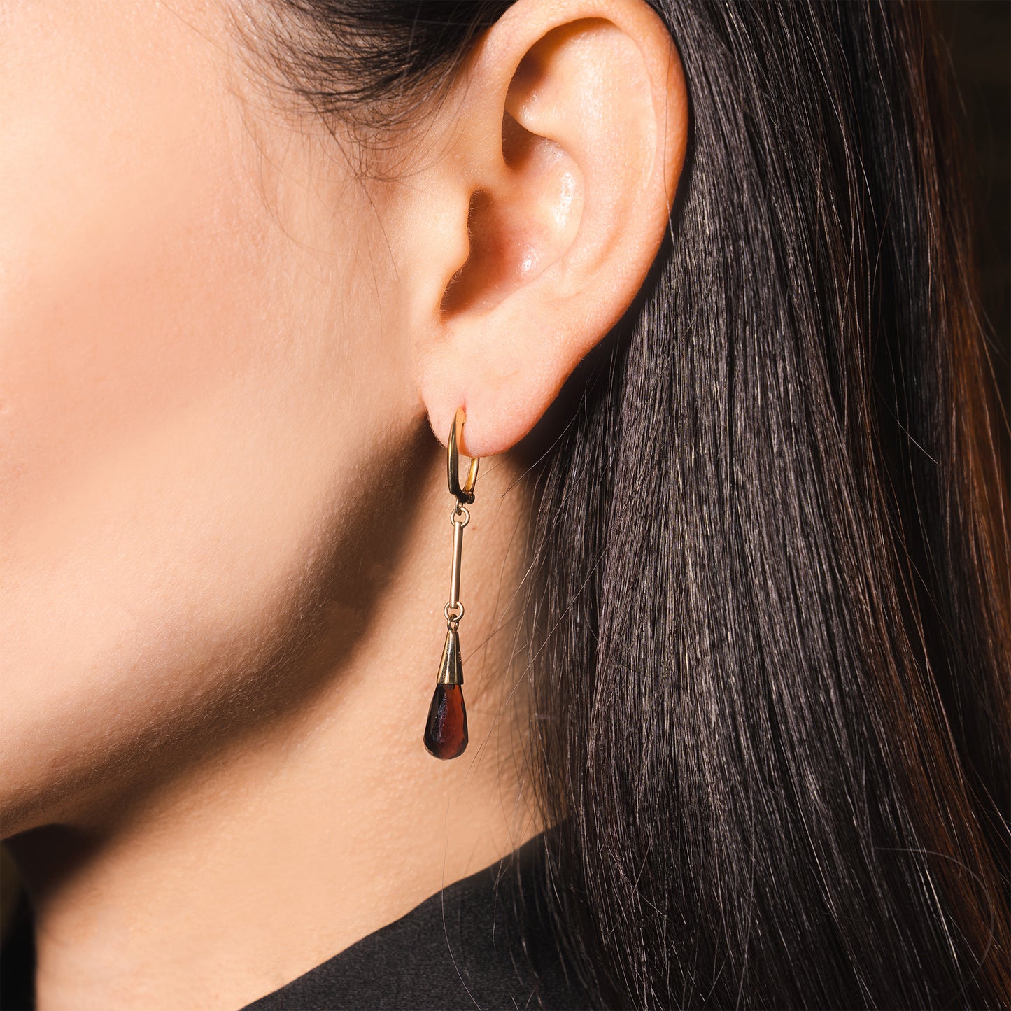 14k Garnet Gold Bar Huggie Hoop Dangle Earring