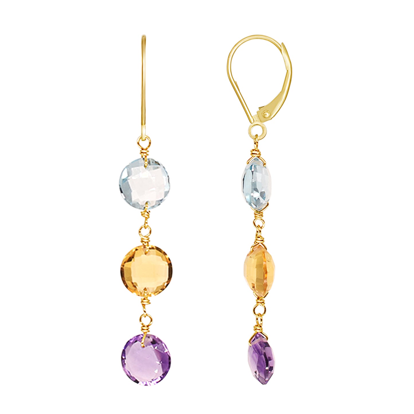 14k Blue Topaz Citrine Amethyst Leverback Dangle Earring