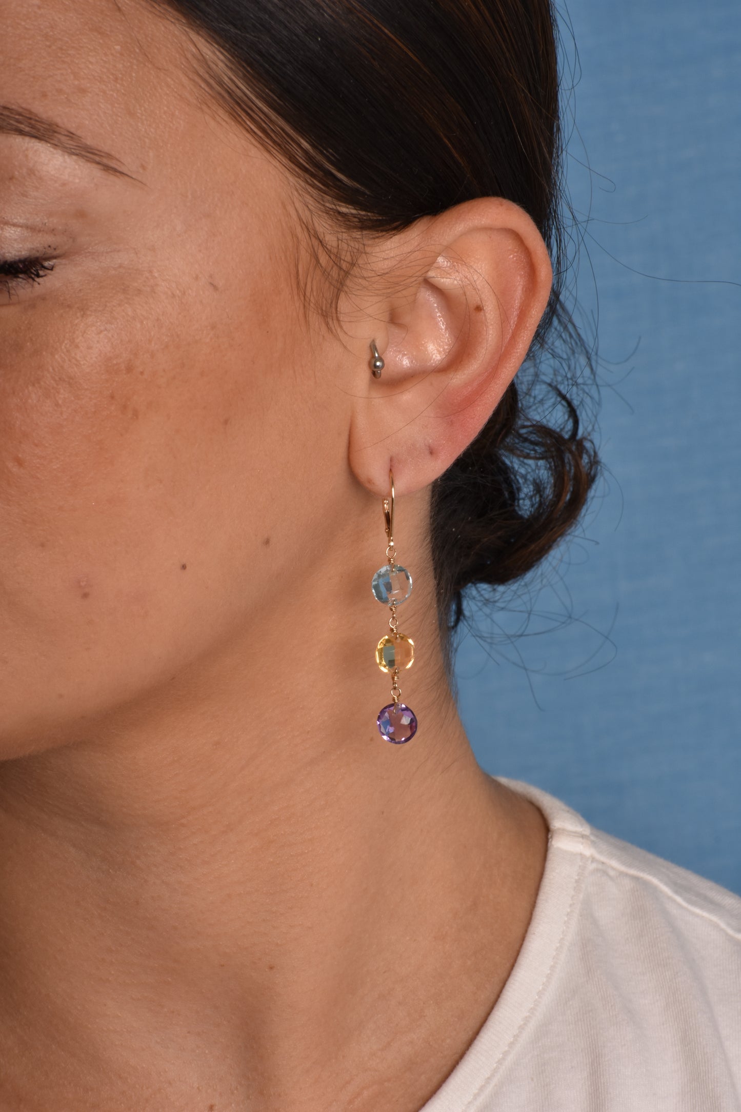 14k Blue Topaz Citrine Amethyst Leverback Dangle Earring