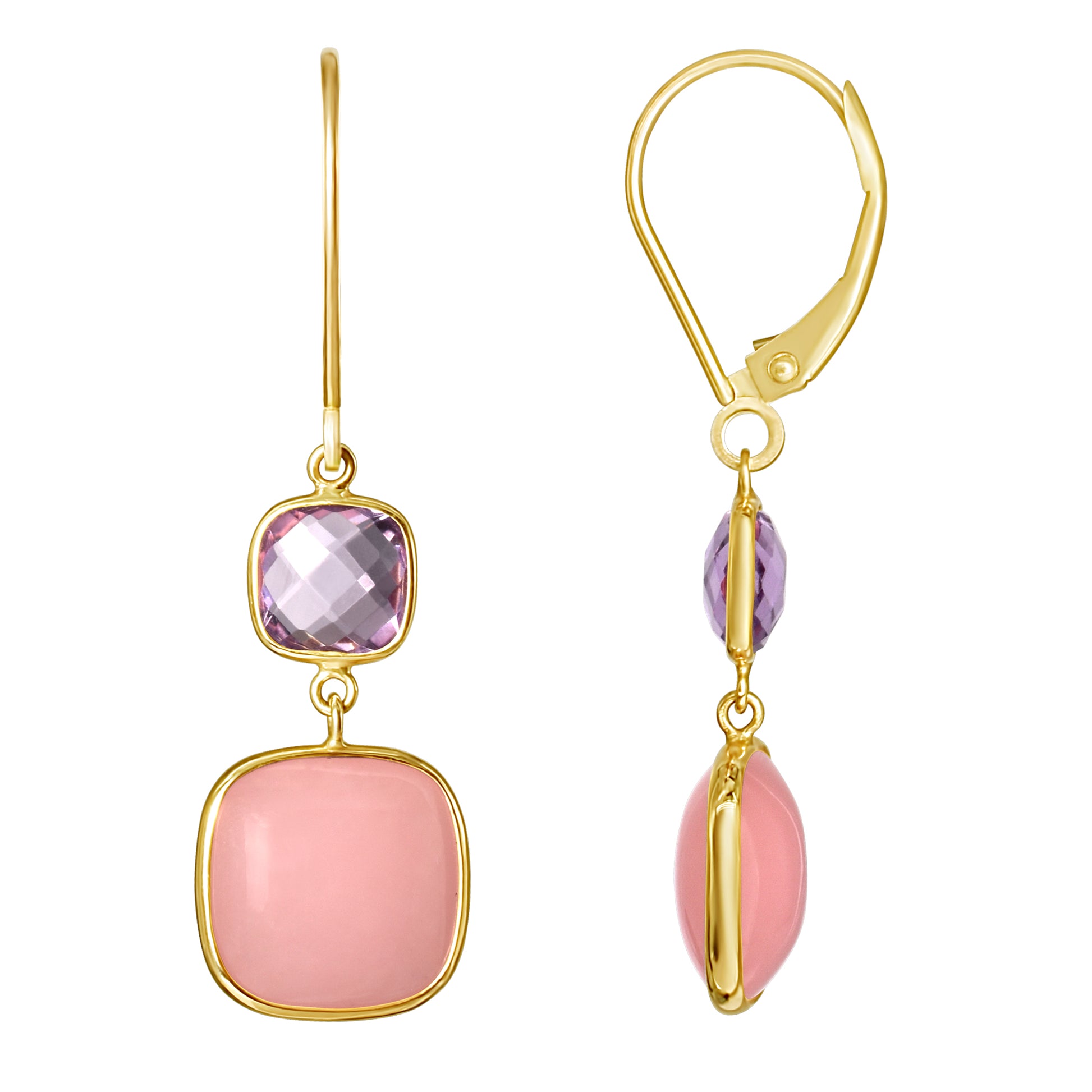 14k Amethyst & Guava Quartz Bezel Dangle Earrings Leverback