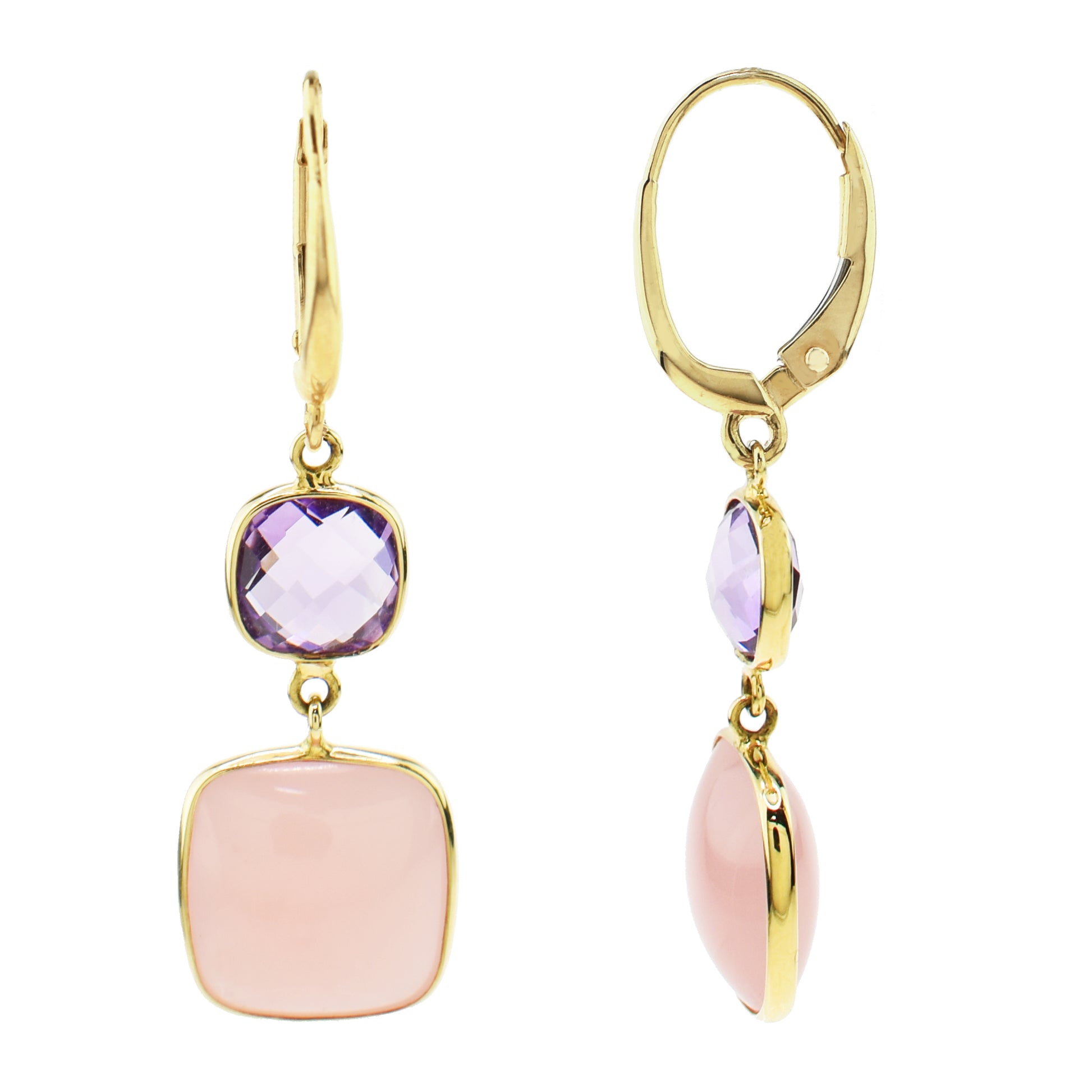 14k Amethyst & Guava Quartz Bezel Dangle Earrings Leverback
